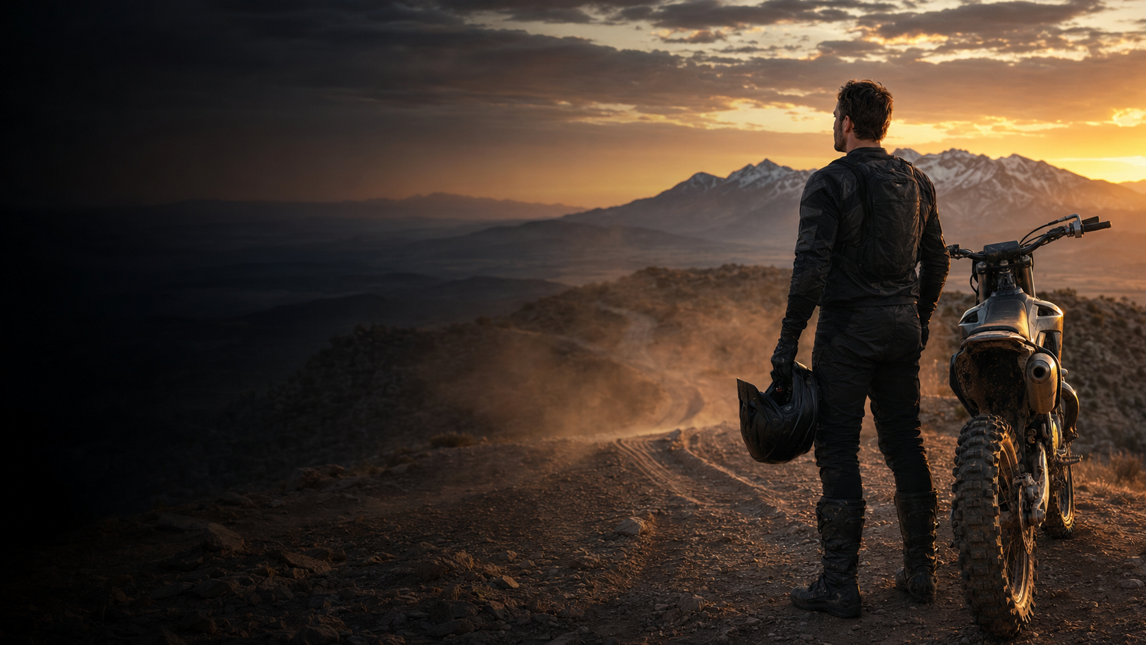 Motocross rider overlooking Utah mountains at sunrise, representing a better high through clean adrenaline